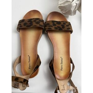 Pierre Dumas-Leopard, Faux Suede, Ankle Strap, Open Toe, Flat, Sandals. Size-8
